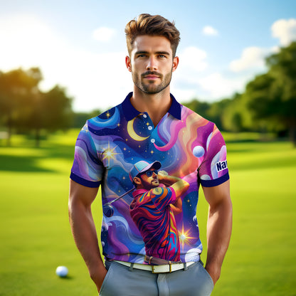 HomyGifts Men's Customized Face Artistic Golf Polo Shirt, Mosaic Art Style, Unique Personalized Golf Polo For Men Style 2