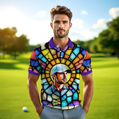 Custom Face Golf Polo Shirt – Personalized Stained Glass Art Shirt, Unique Golf Gift for Him, Colorful Abstract Golf Polo, Custom Sportswear