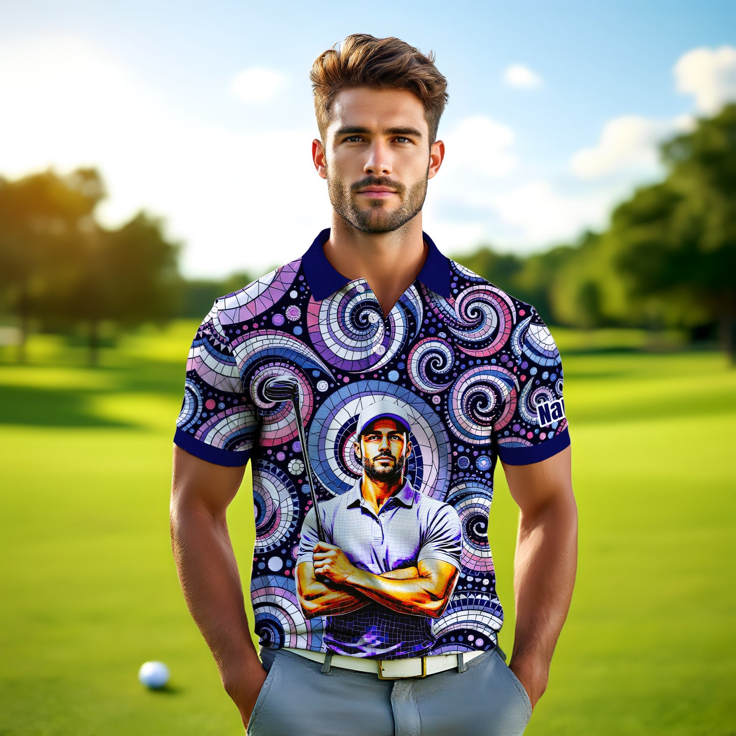HomyGifts Men's Customized Face Artistic Golf Polo Shirt, Mosaic Art Style, Unique Personalized Golf Polo For Men Style 6