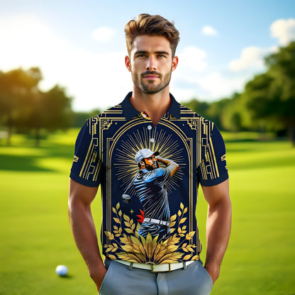 Custom Face Golf Polo Shirt – Swing in Gold Art Deco Revival Style | Personalized Golf Shirt for Men Style 5