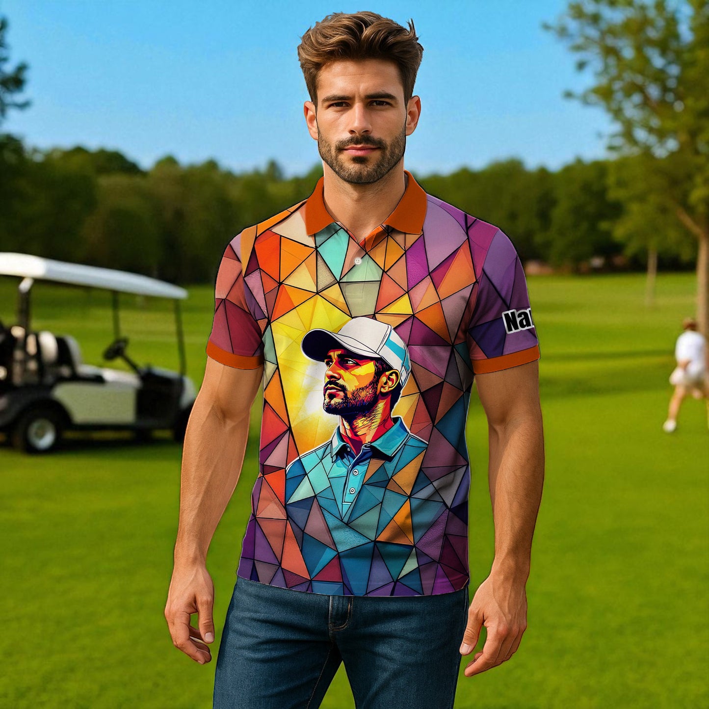 Angular Geometric Glass Pattern Custom Face Polo — Stained-Glass Mosaic Print, Personalized Sublimation Golf Shirt, Vibrant Geometric Portrait Tee