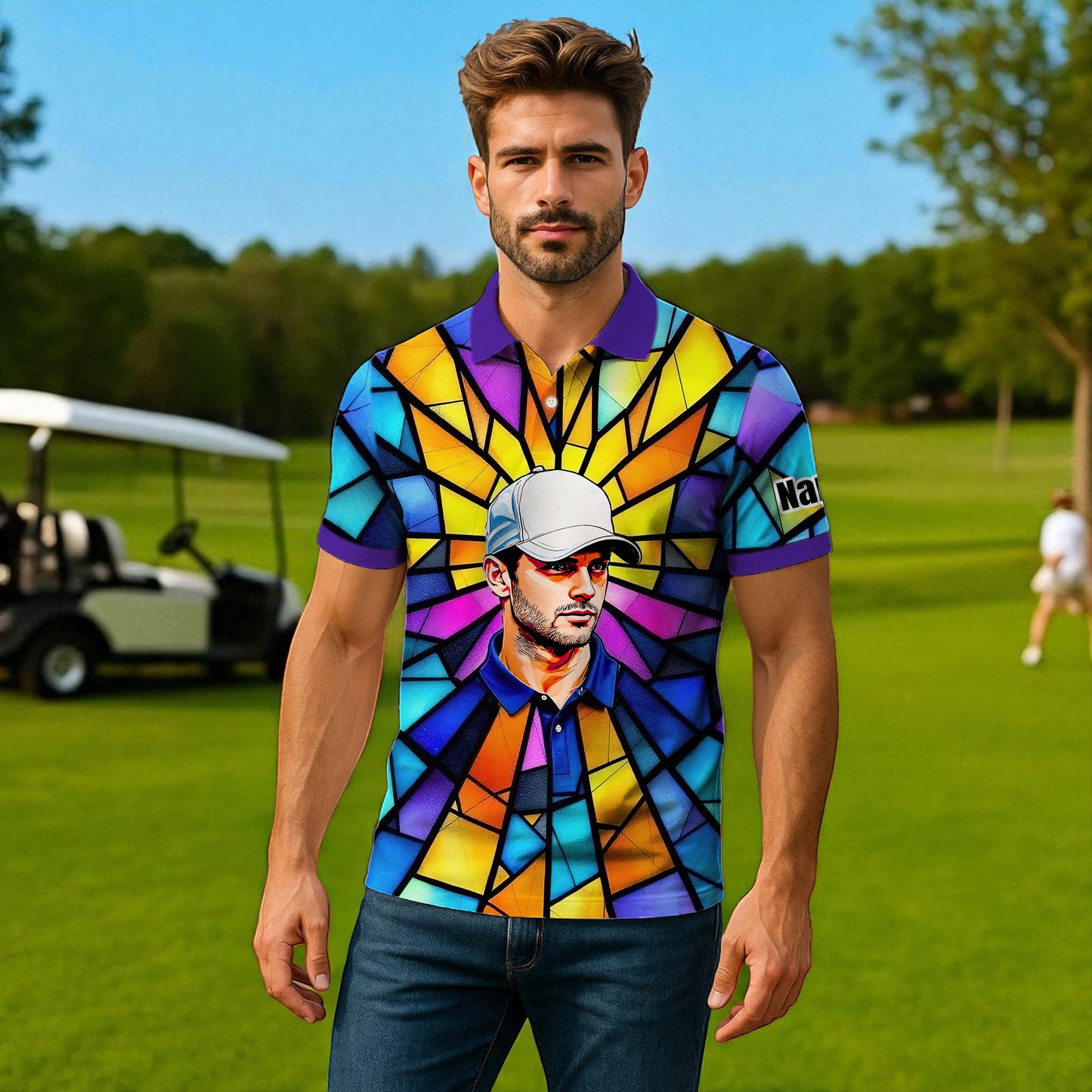 Custom Face Golf Polo Shirt – Personalized Stained Glass Art Shirt, Unique Golf Gift for Him, Colorful Abstract Golf Polo, Custom Sportswear