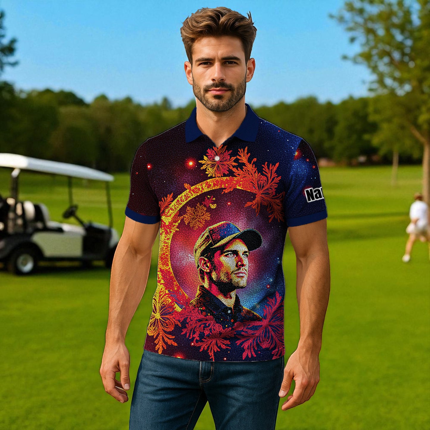 Custom Face Golf Polo Shirt – Personalized Christmas Golf Shirt for Him, Unique Holiday Gift for Golfer, Snowflake Design Golf Apparel Style 11