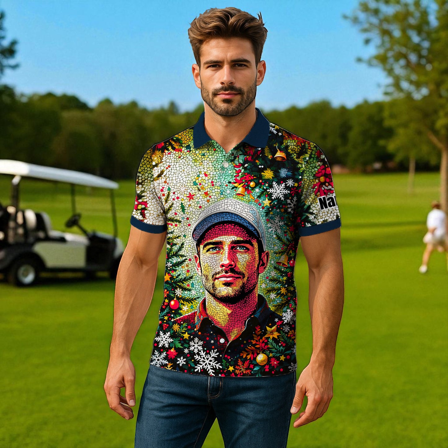 Personalized Christmas Golf Polo Shirt with Your Face – Custom Photo Holiday Shirt – Unique Mosaic Art Xmas Gift for Men, Custom Golf Apparel Style 1