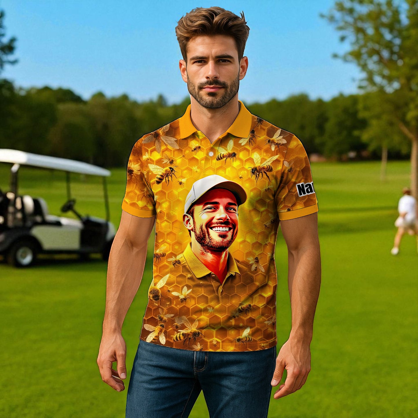 HomyGifts Men's Customized Face Artistic Golf Polo Shirt, Personalized Bee & Honeycomb Polo Shirt with Face, Funny Honey Lover Outfit, Summer Polo for Men Style 4