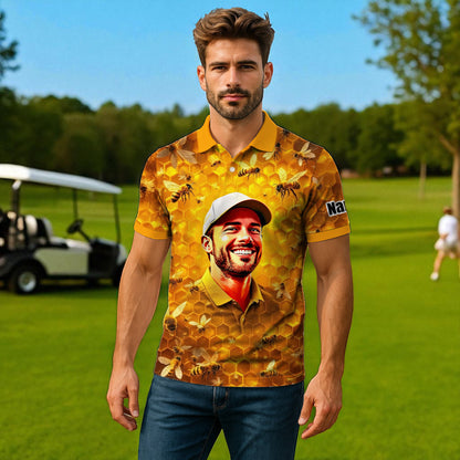 HomyGifts Men's Customized Face Artistic Golf Polo Shirt, Personalized Bee & Honeycomb Polo Shirt with Face, Funny Honey Lover Outfit, Summer Polo for Men Style 4