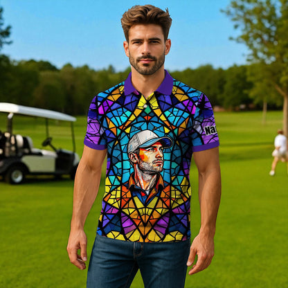 Custom Face Golf Polo Shirt – Personalized Stained Glass Art Shirt, Unique Golf Gift for Him, Colorful Abstract Golf Polo, Custom Sportswear