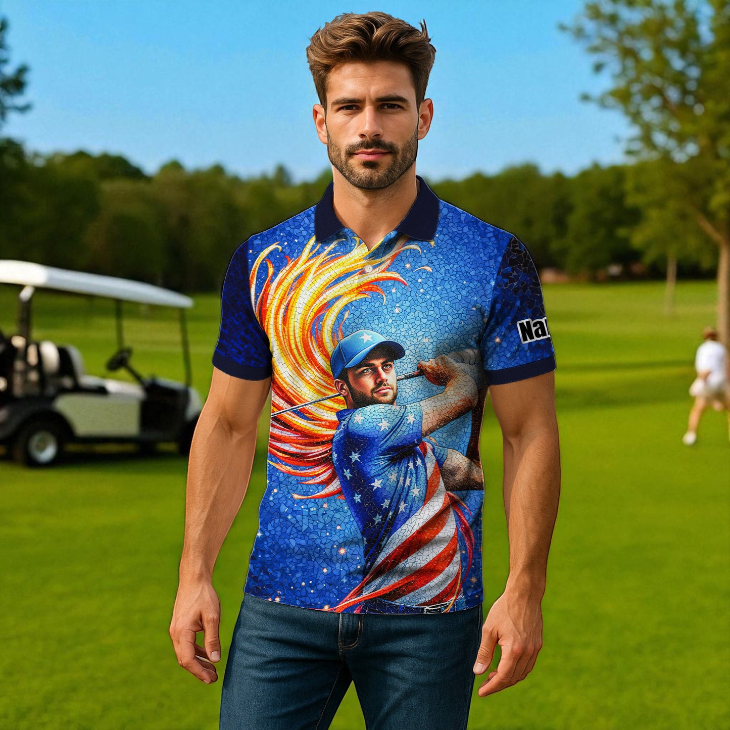 Custom Face Patriotic Golf Polo Shirt – Personalized USA Flag Design – American Pride Gift for Him – Mosaic Art Golf Shirt Style 10
