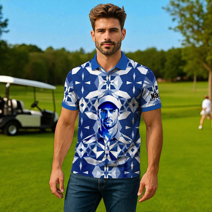 Custom Face Polo Shirt – Geometric Diamond Pattern | Personalized Photo Golf Polo | Unique Gift for Him, Retro Geometric Style Shirt Style 18