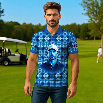 Custom Face Polo Shirt – Geometric Diamond Pattern | Personalized Photo Golf Polo | Unique Gift for Him, Retro Geometric Style Shirt Style 15
