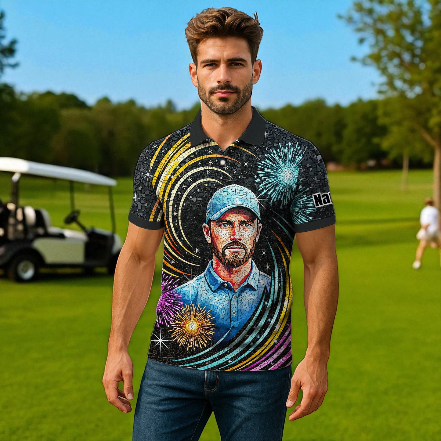 Custom Face Golf Polo Shirt – New Year Fireworks Edition | Personalized Golf Polo | Unique Holiday Gift for Him 2025 Style 7