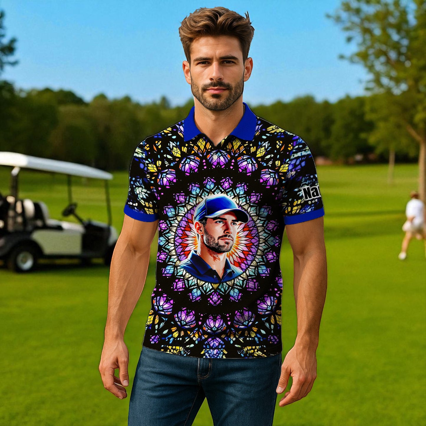 Custom Face Golf Polo Shirt – Personalized Stained Glass Mandala Style Polo, Unique Gift for Men & Women, Vibrant Artistic Golf Shirt, Custom Photo Polo