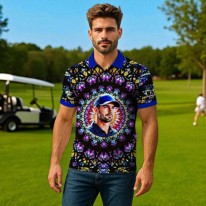 Custom Face Golf Polo Shirt – Personalized Stained Glass Mandala Style Polo, Unique Gift for Men & Women, Vibrant Artistic Golf Shirt, Custom Photo Polo