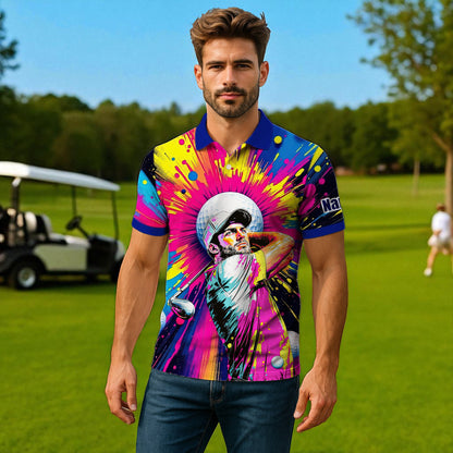 HomyGifts Men's Customized Face Artistic Golf Polo Shirt, Personalized Pop Art Golf Polo, Portrait Gift for Golfers Style 18