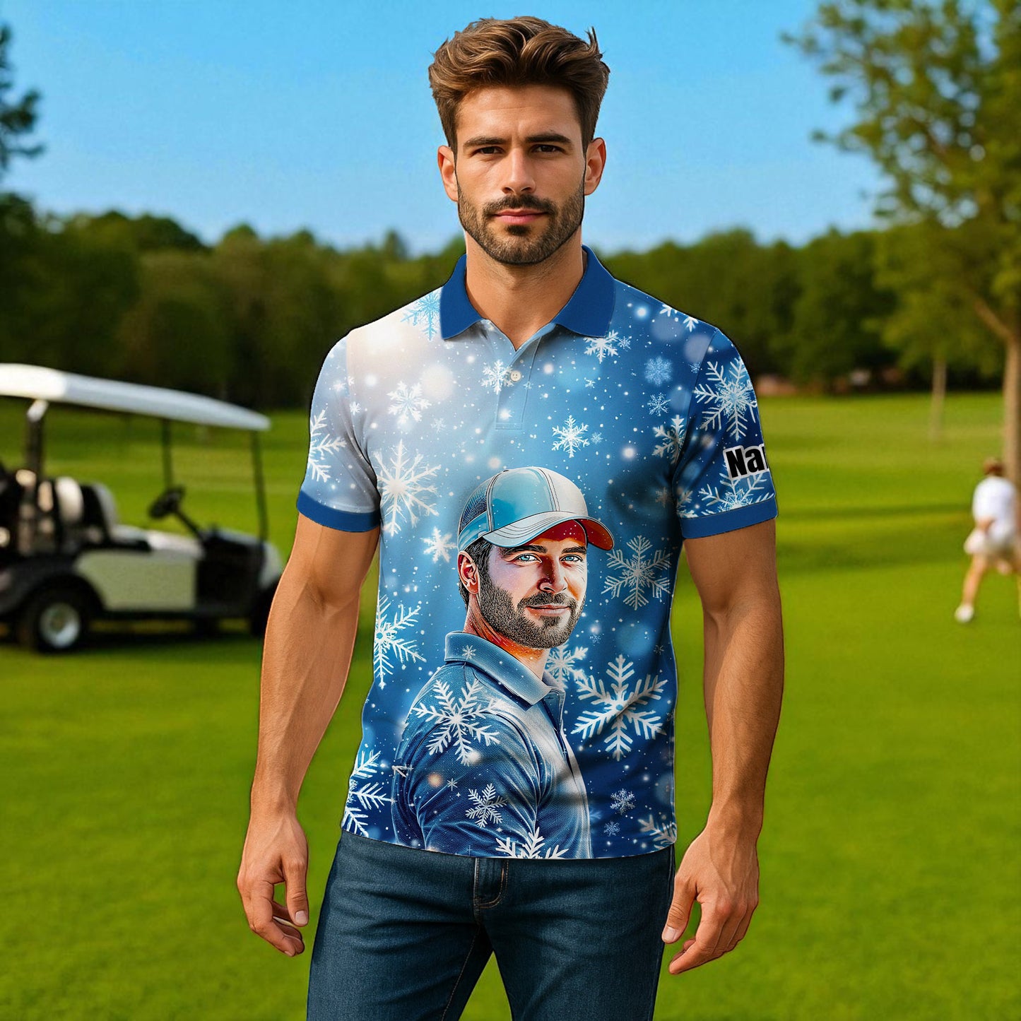 Custom Face Golf Polo Shirt – Personalized Christmas Golf Shirt for Him, Unique Holiday Gift for Golfer, Snowflake Design Golf Apparel Style 3