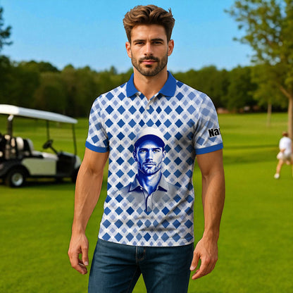 Custom Face Polo Shirt – Geometric Diamond Pattern | Personalized Photo Golf Polo | Unique Gift for Him, Retro Geometric Style Shirt Style 3
