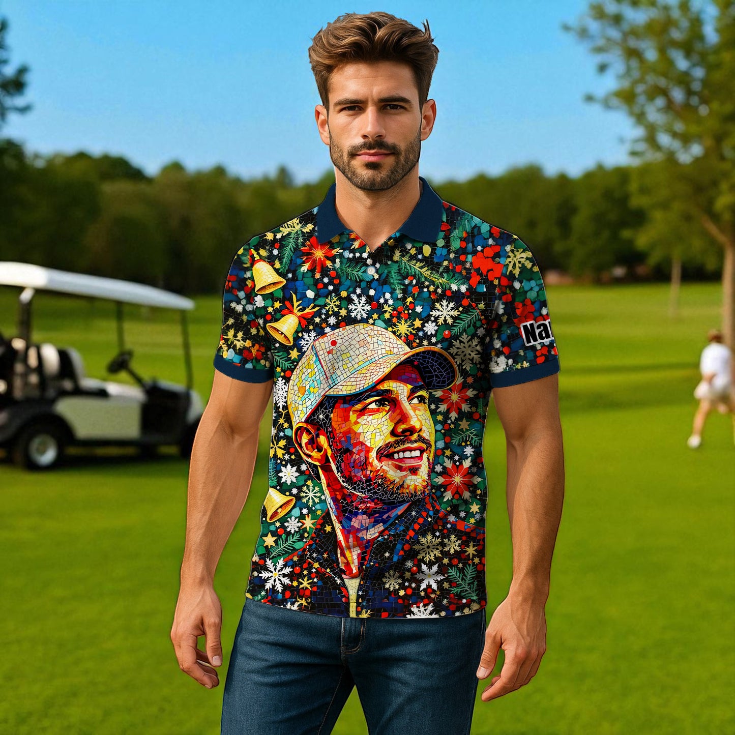 Personalized Christmas Golf Polo Shirt with Your Face – Custom Photo Holiday Shirt – Unique Mosaic Art Xmas Gift for Men, Custom Golf Apparel Style 10