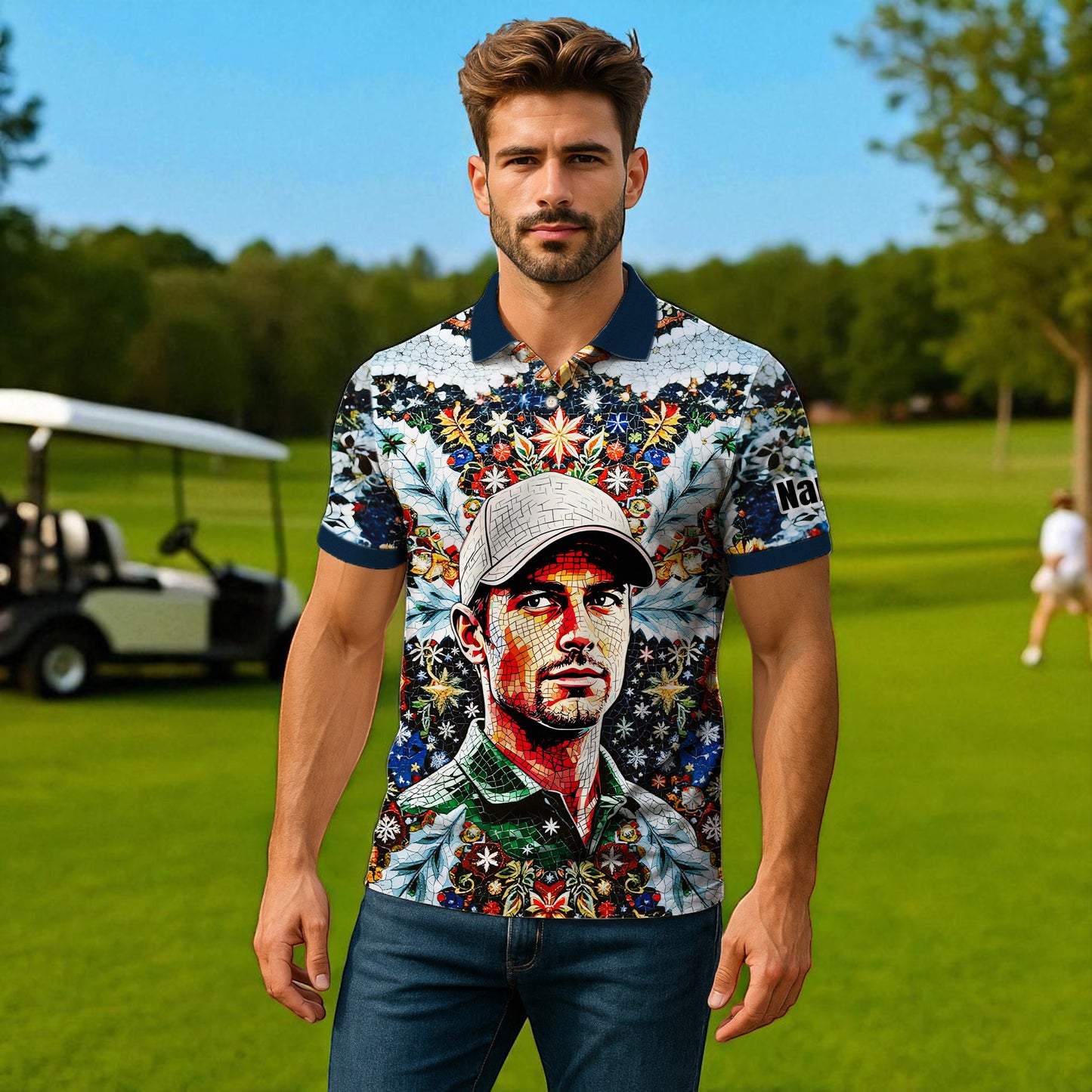 Personalized Christmas Golf Polo Shirt with Your Face – Custom Photo Holiday Shirt – Unique Mosaic Art Xmas Gift for Men, Custom Golf Apparel Style 7