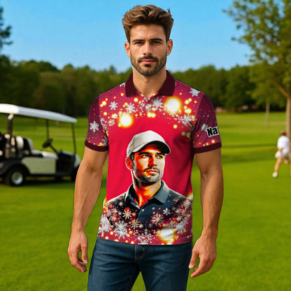 Custom Face Golf Polo Shirt – Personalized Christmas Golf Shirt for Him, Unique Holiday Gift for Golfer, Snowflake Design Golf Apparel Style 16
