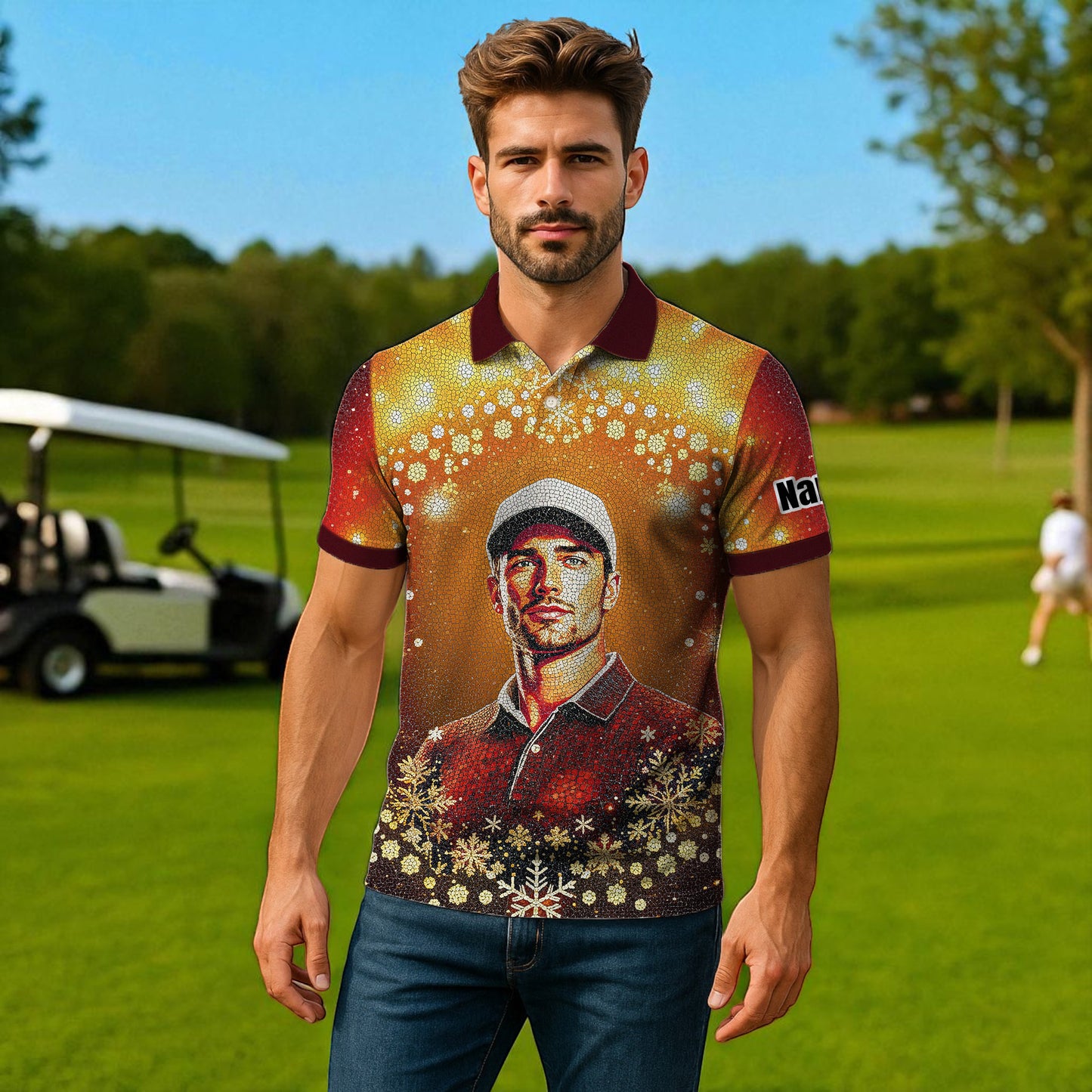 Custom Face Golf Polo Shirt – Personalized Christmas Golf Shirt for Him, Unique Holiday Gift for Golfer, Snowflake Design Golf Apparel Style 14