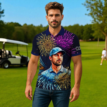 Custom Face Golf Polo Shirt – New Year Fireworks Edition | Personalized Golf Polo | Unique Holiday Gift for Him 2025 Style 3