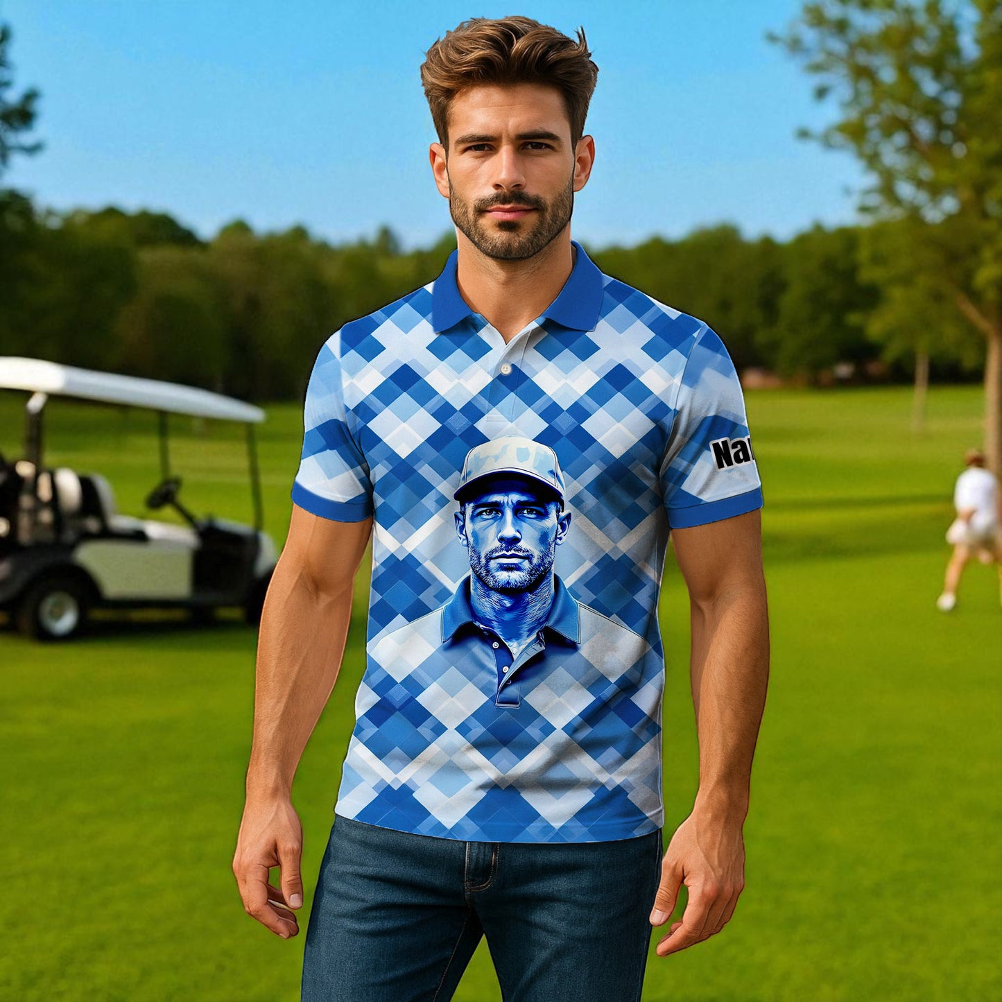 Custom Face Polo Shirt – Geometric Diamond Pattern | Personalized Photo Golf Polo | Unique Gift for Him, Retro Geometric Style Shirt Style 10