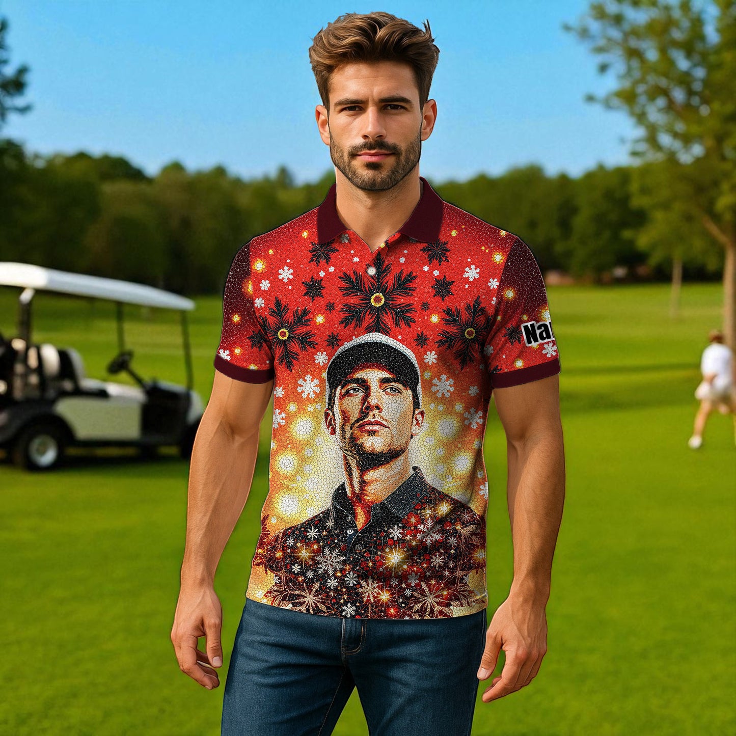 Custom Face Golf Polo Shirt – Personalized Christmas Golf Shirt for Him, Unique Holiday Gift for Golfer, Snowflake Design Golf Apparel Style 13