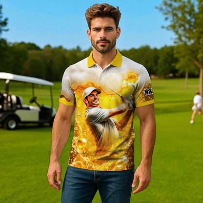 HomyGifts Men's Customized Face Artistic Golf Polo Shirt, Beer pattern Design, Special Gift for Beer & Golf Lovers, Summer Party Outfit, Unique Gift for Men Style 15