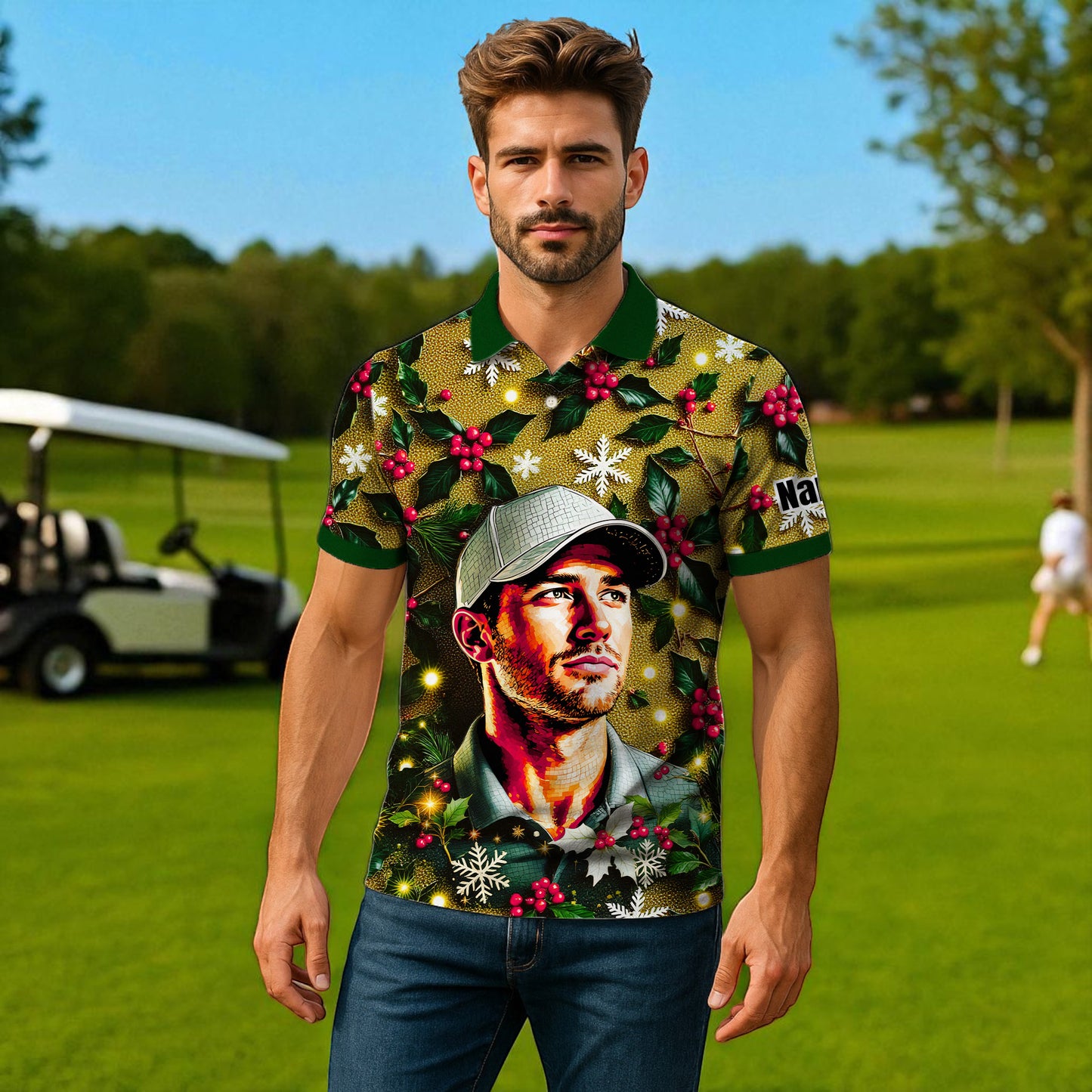 Custom Face Golf Polo Shirt – Personalized Christmas Golf Shirt for Him, Unique Holiday Gift for Golfer, Snowflake Design Golf Apparel Style 17