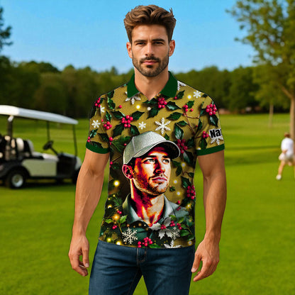 Custom Face Golf Polo Shirt – Personalized Christmas Golf Shirt for Him, Unique Holiday Gift for Golfer, Snowflake Design Golf Apparel Style 17