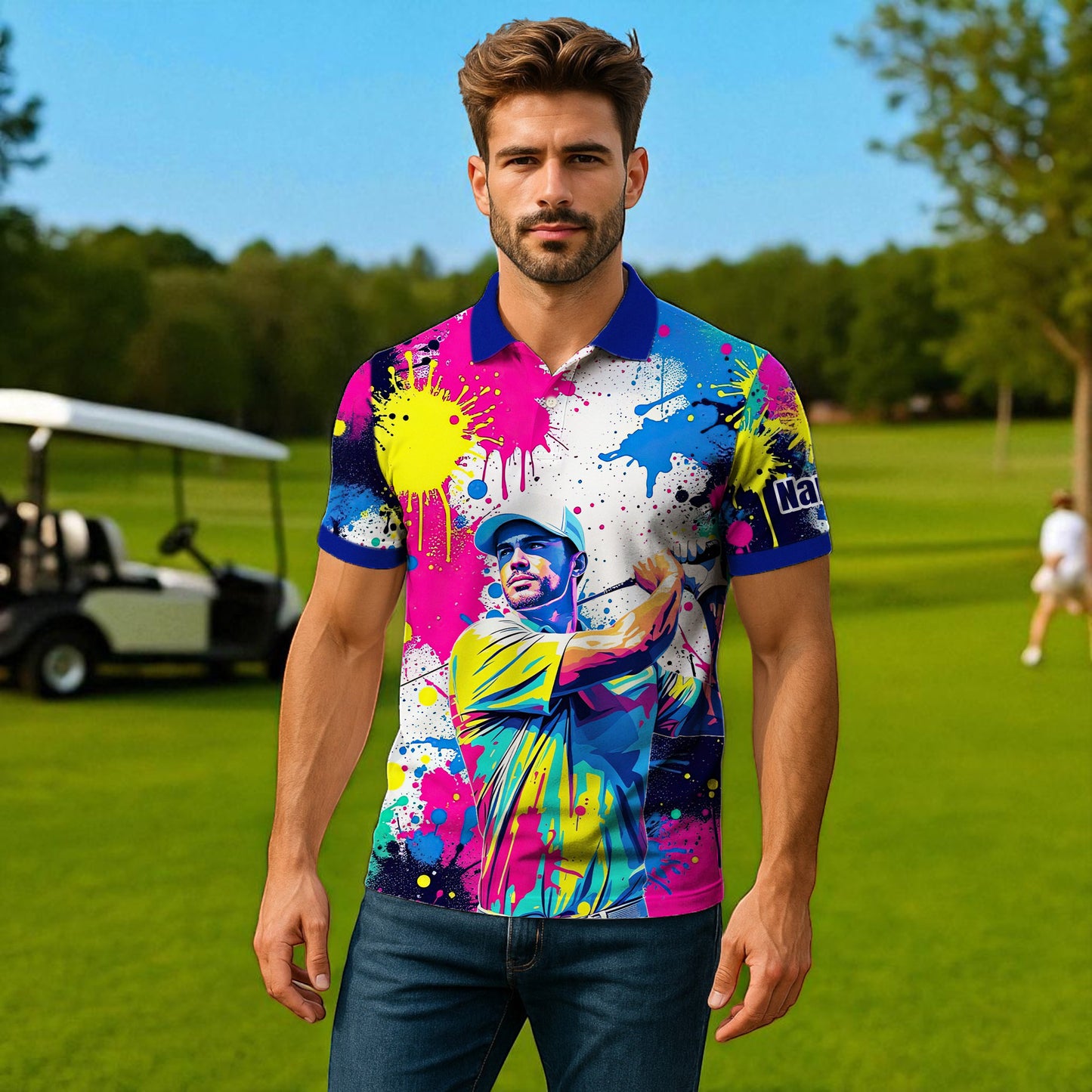 HomyGifts Men's Customized Face Artistic Golf Polo Shirt, Personalized Pop Art Golf Polo, Portrait Gift for Golfers Style 16