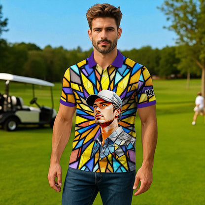 Custom Face Golf Polo Shirt – Personalized Stained Glass Art Shirt, Unique Golf Gift for Him, Colorful Abstract Golf Polo, Custom Sportswear