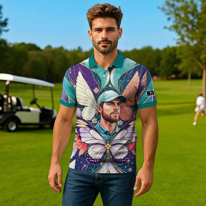 Custom Face Butterfly Golf Polo Shirt – Personalized Spring Mirage Art Style – Unique Gift for Him, Nature Inspired Men's Shirt Style 6