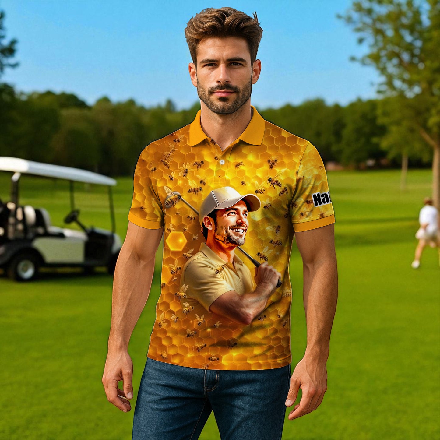 HomyGifts Men's Customized Face Artistic Golf Polo Shirt, Personalized Bee & Honeycomb Polo Shirt with Face, Funny Honey Lover Outfit, Summer Polo for Men Style 5