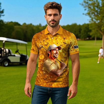 HomyGifts Men's Customized Face Artistic Golf Polo Shirt, Personalized Bee & Honeycomb Polo Shirt with Face, Funny Honey Lover Outfit, Summer Polo for Men Style 5