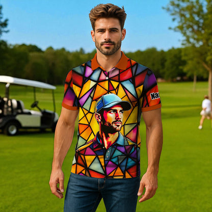HomyGifts Men's Customized Face Artistic Golf Polo Shirt, Angular Geometric Glass Pattern, Stained-Glass Mosaic Print, Personalized Sublimation Golf Shirt, Vibrant Geometric Portrait Tee