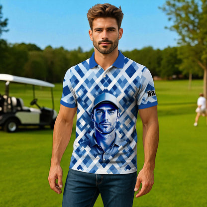 Custom Face Polo Shirt – Geometric Diamond Pattern | Personalized Photo Golf Polo | Unique Gift for Him, Retro Geometric Style Shirt Style 11