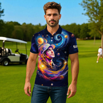Custom Cosmic Portrait Polo Shirt – Personalized Surreal Galaxy Art with Your Face | Unique Gift for Golfers, Sports & Astrology Fans Style 3