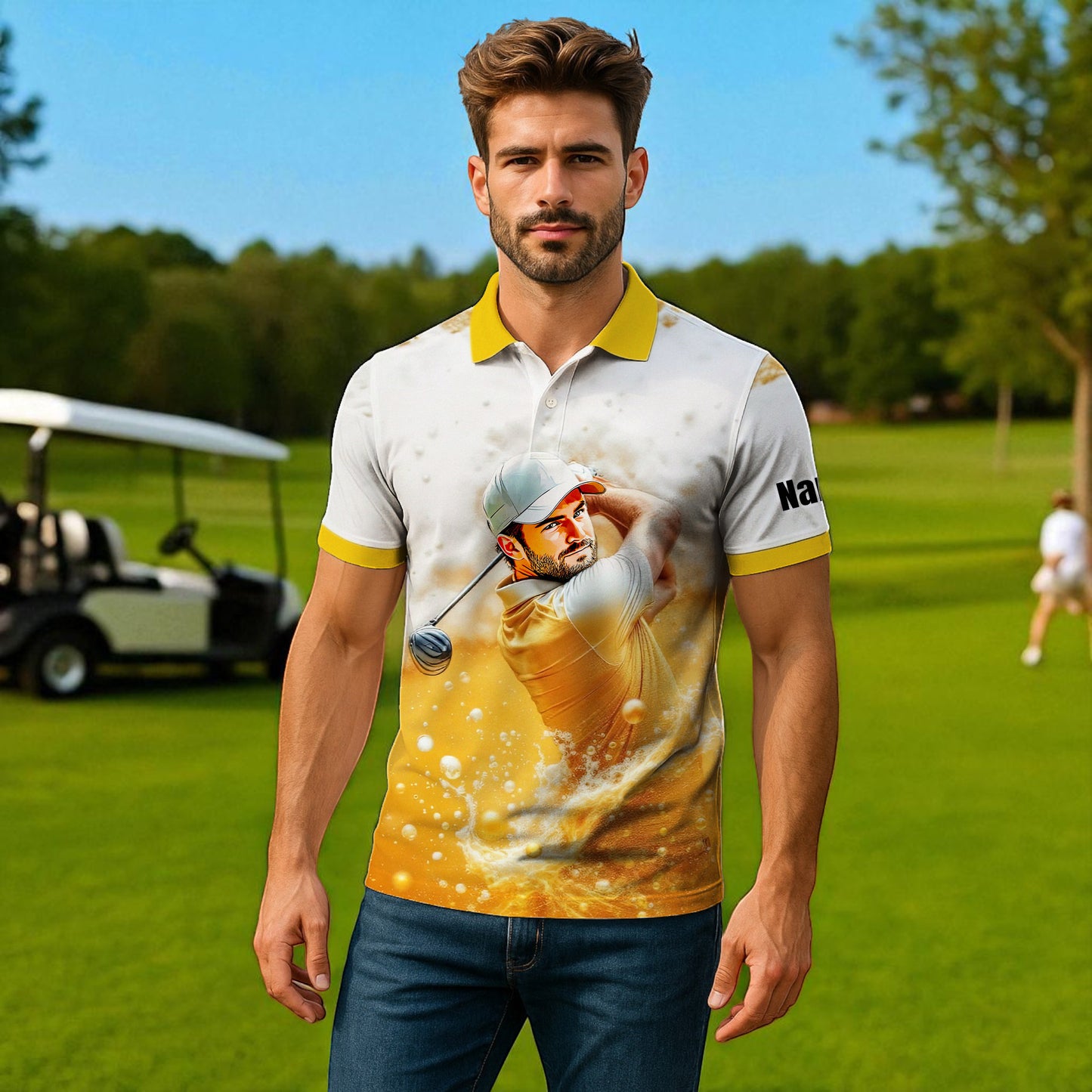 HomyGifts Men's Customized Face Artistic Golf Polo Shirt, Beer pattern Design, Special Gift for Beer & Golf Lovers, Summer Party Outfit, Unique Gift for Men Style 13