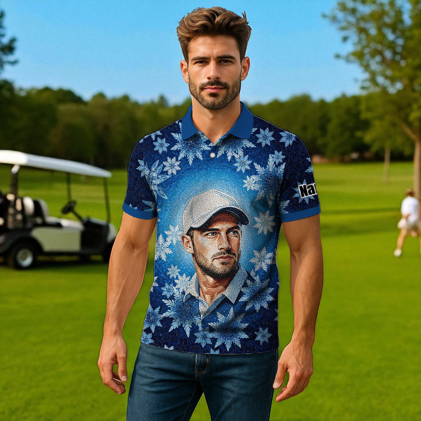 Custom Face Golf Polo Shirt – Personalized Christmas Golf Shirt for Him, Unique Holiday Gift for Golfer, Snowflake Design Golf Apparel Style 10
