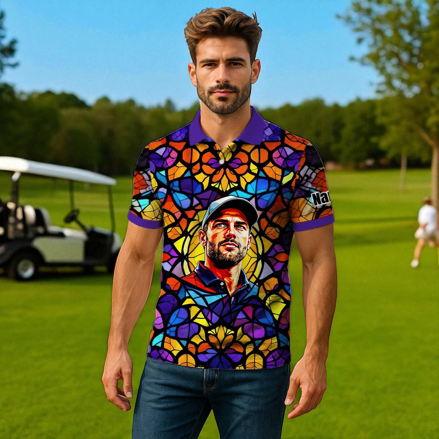 Custom Face Golf Polo Shirt – Personalized Stained Glass Art Shirt, Unique Golf Gift for Him, Colorful Abstract Golf Polo, Custom Sportswear