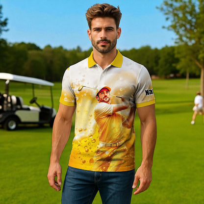 HomyGifts Men's Customized Face Artistic Golf Polo Shirt, Beer pattern Design, Special Gift for Beer & Golf Lovers, Summer Party Outfit, Unique Gift for Men Style 14