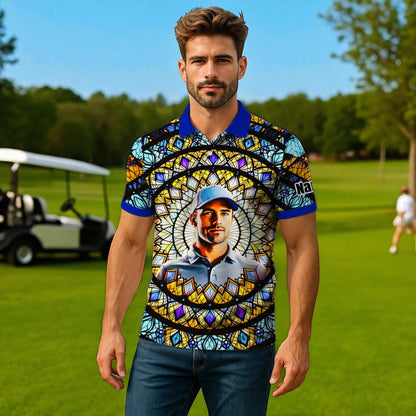 Custom Face Golf Polo Shirt – Personalized Stained Glass Mandala Style Polo, Unique Gift for Men & Women, Vibrant Artistic Golf Shirt, Custom Photo Polo