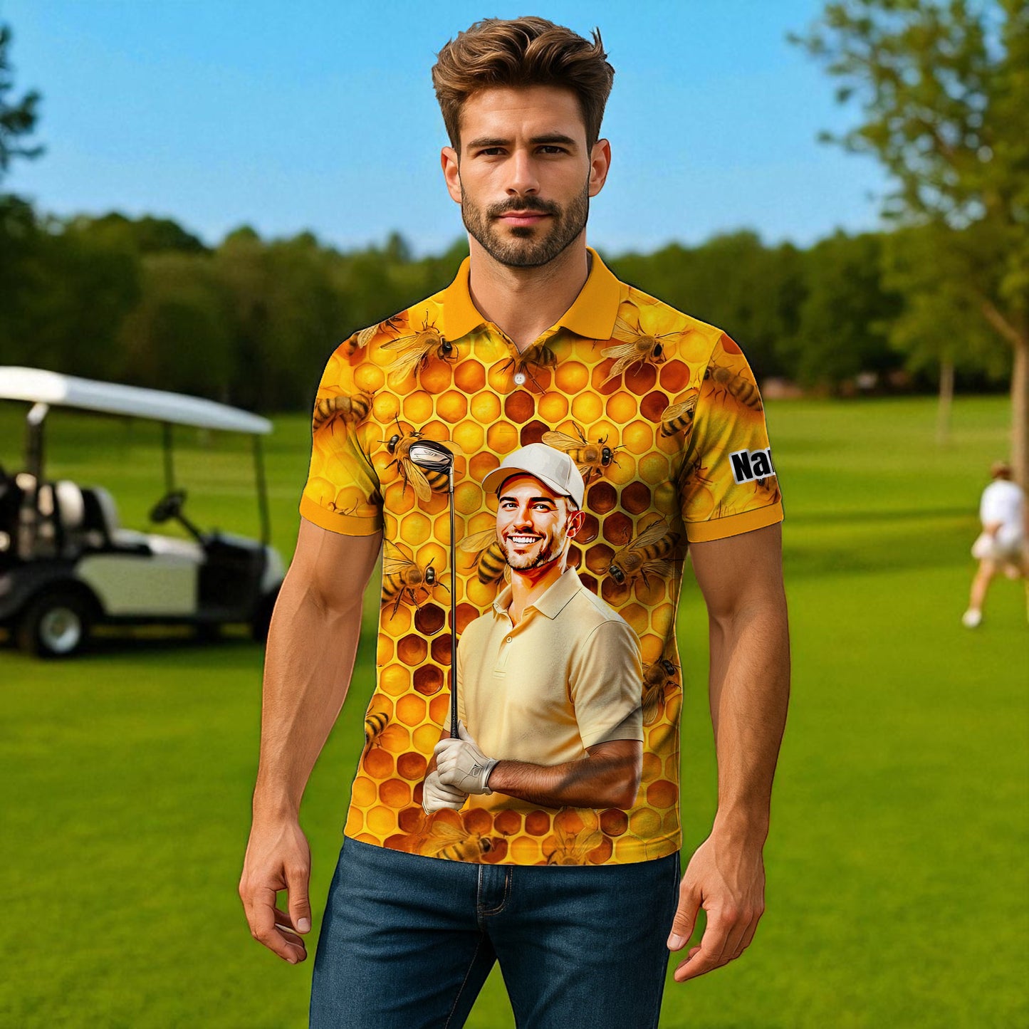 HomyGifts Men's Customized Face Artistic Golf Polo Shirt, Personalized Bee & Honeycomb Polo Shirt with Face, Funny Honey Lover Outfit, Summer Polo for Men Style 2