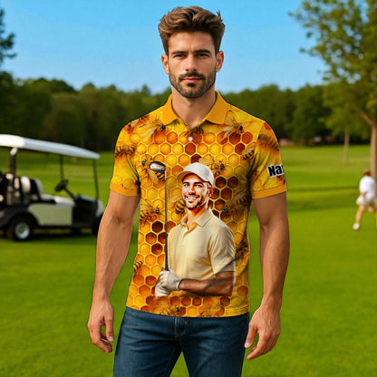 HomyGifts Men's Customized Face Artistic Golf Polo Shirt, Personalized Bee & Honeycomb Polo Shirt with Face, Funny Honey Lover Outfit, Summer Polo for Men Style 2