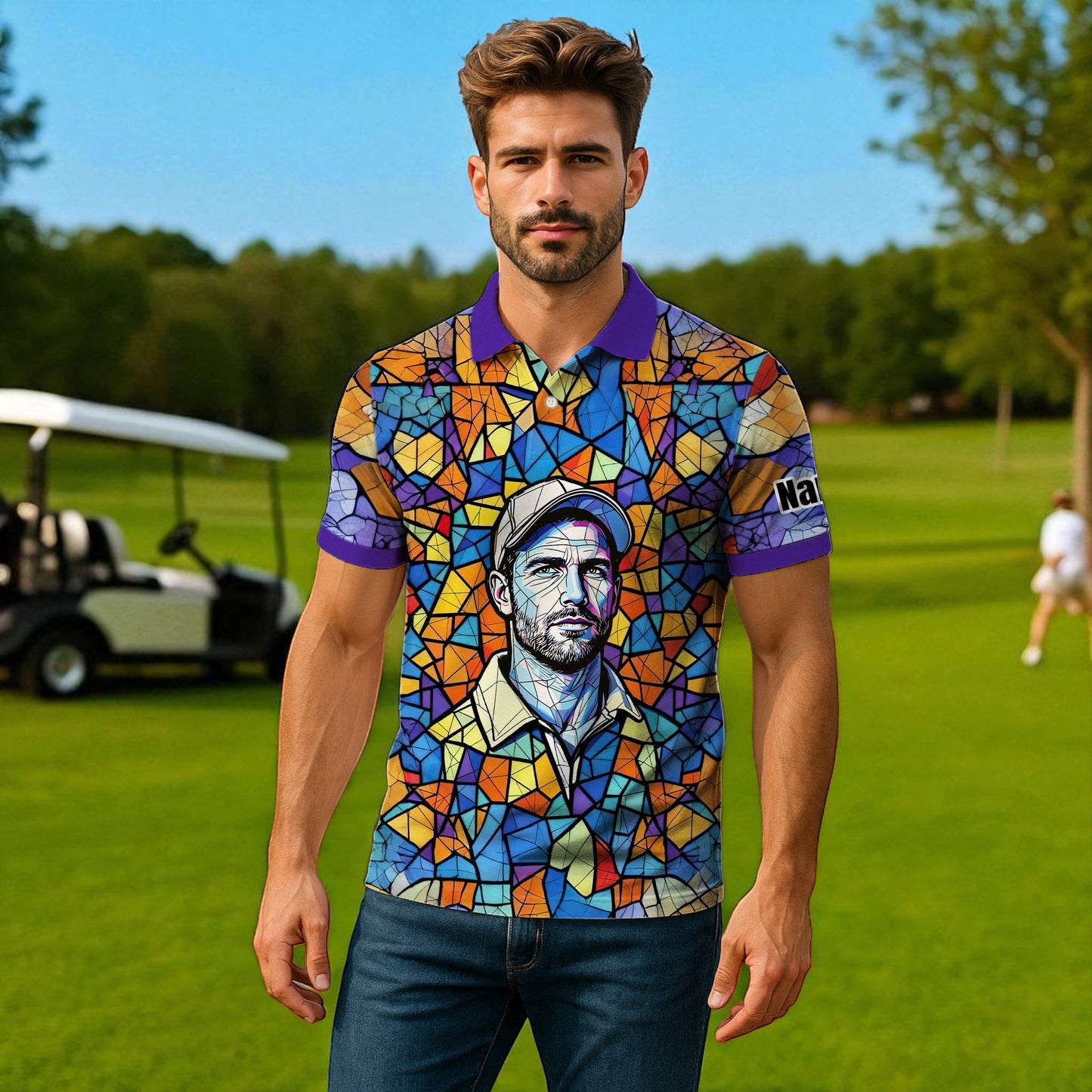 Custom Face Golf Polo Shirt – Personalized Stained Glass Art Shirt, Unique Golf Gift for Him, Colorful Abstract Golf Polo, Custom Sportswear