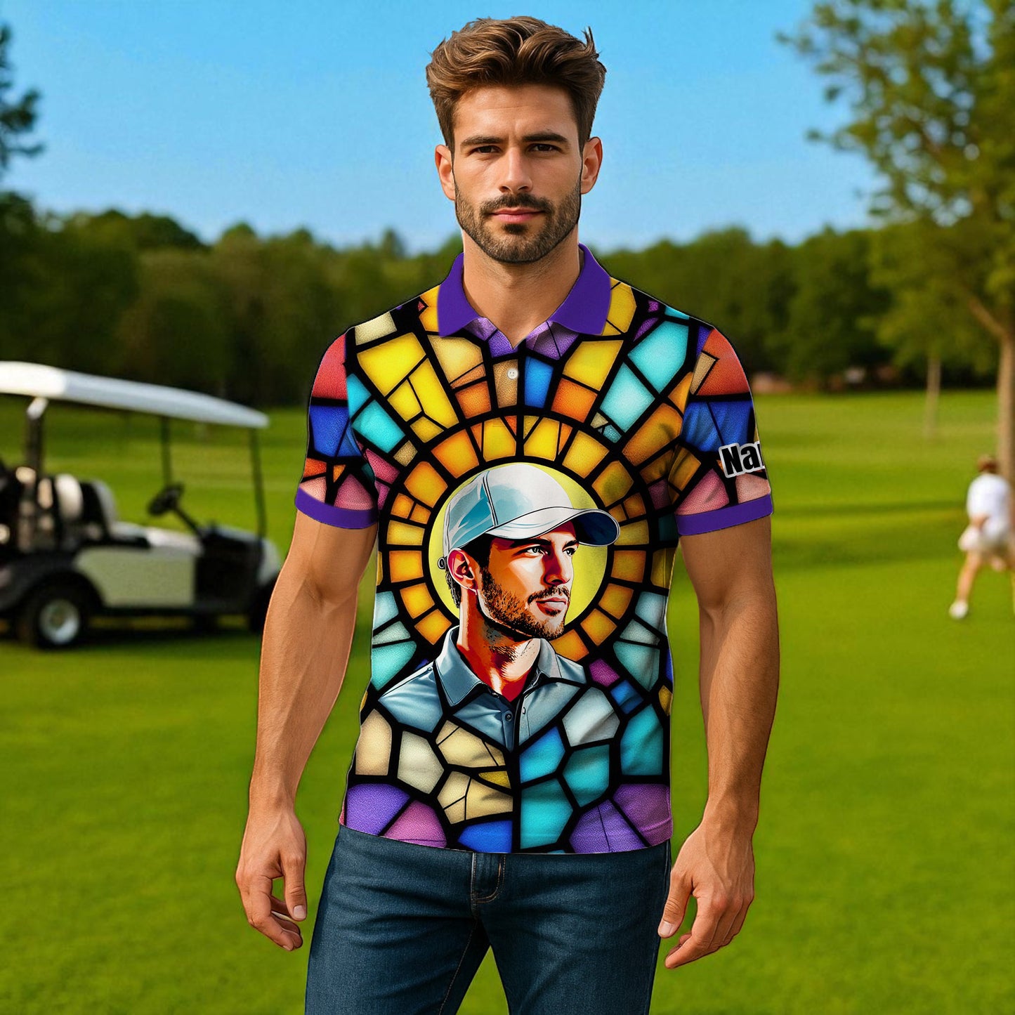 Custom Face Golf Polo Shirt – Personalized Stained Glass Art Shirt, Unique Golf Gift for Him, Colorful Abstract Golf Polo, Custom Sportswear