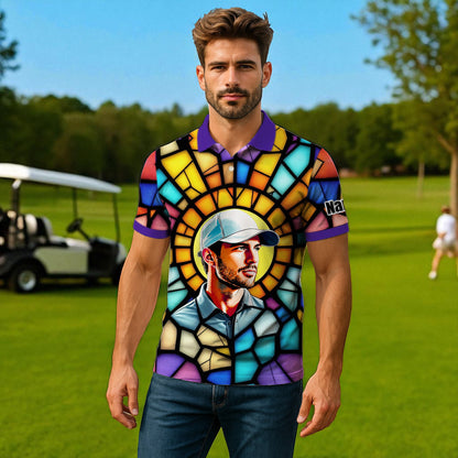 Custom Face Golf Polo Shirt – Personalized Stained Glass Art Shirt, Unique Golf Gift for Him, Colorful Abstract Golf Polo, Custom Sportswear