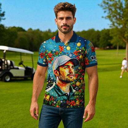 Personalized Christmas Golf Polo Shirt with Your Face – Custom Photo Holiday Shirt – Unique Mosaic Art Xmas Gift for Men, Custom Golf Apparel Style 3