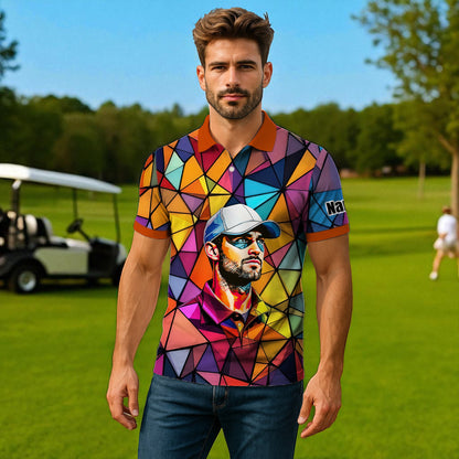 Angular Geometric Glass Pattern Custom Face Polo — Stained-Glass Mosaic Print, Personalized Sublimation Golf Shirt, Vibrant Geometric Portrait Tee